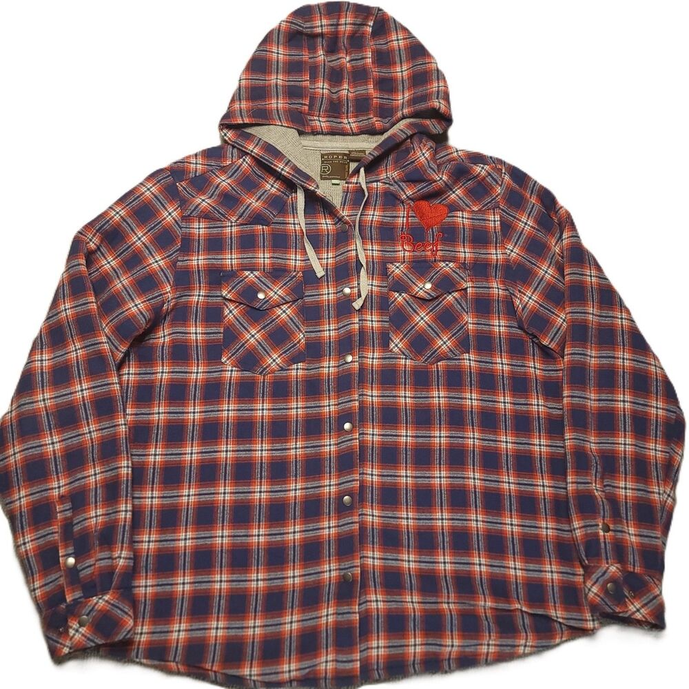Roper Mens XL Flannel Jacket Hooded Snap Up Plaid Lined Shacket "I Heart Beef"